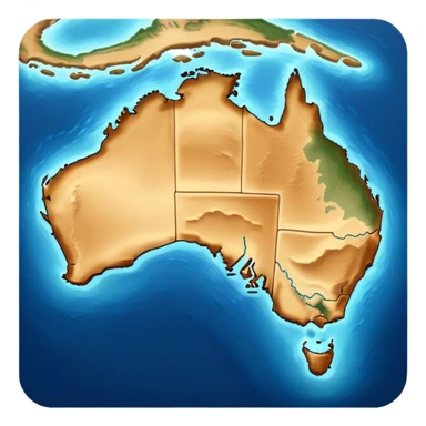 Cinematic-realistic outline of Australia, featuring its distinct landmass with accurately defined coastlines. The deep blue ocean surrounds the golden-brown continent, with subtle topographic shading to highlight its terrain. A soft glowing effect enhances the edges, making the shape stand out against a neutral, textured background. sticker
