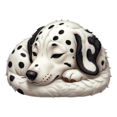 Meme-Worthy Cute Sleeping Spotted Dalmatian Portrait Emoji, Head resting peacefully with a contented smile, showcasing a delightfully majestic build and a luxuriously soft Fur of predominantly white with bold black patches, eyes shut in a serene nap, Simplified yet hilariously adorable features, highly detailed, glowing with a soft, drowsy light, high shine, relaxed and utterly lovable, stylized with an air of playful laziness, bright and heartwarming, soft glowing outline, capturing the essence of a comically sleepy guardian, so meme-worthy it feels like it could instantly become the next viral sensation of adorable slumber! sticker