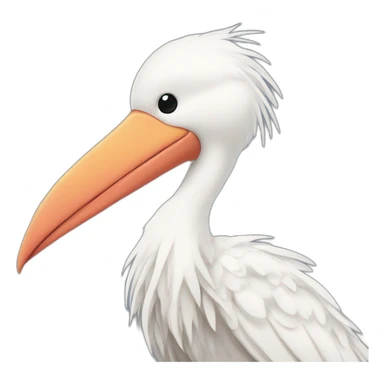  A big white stork carrying a bundle of cloth in its beak that has a cute white skinned baby face peeking out from it with black head sticker