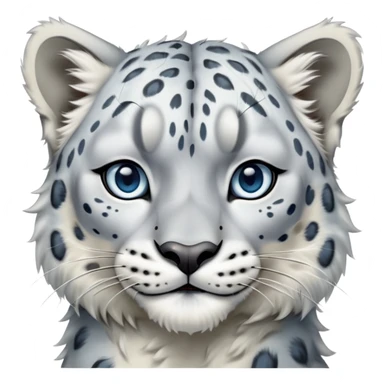 Cinematic-Comical-Snow-Leopard-Portrait-Emoji – Head tilted dramatically with an exaggeratedly amused expression, featuring a thick, spotted white-and-grey coat with a dense ruff around the neck, wide, piercing icy blue eyes filled with playful disbelief zoomed out showing the shoulders sticker