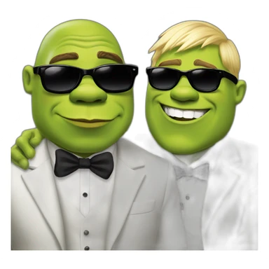 super hot shrek kissing with white-guy-wearing-suit-with-short blonde-hair-and-black-sunglasses sticker