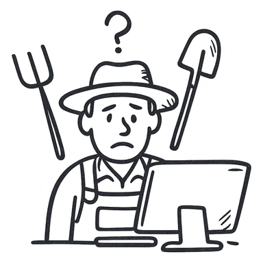 A farmer with a straw hat, surrounded by farm tools, staring at a computer screen in confusion, in a hand-drawn style sticker