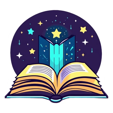 Open book with magical words and glowing sparkles floating above it sticker