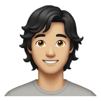 guy, black hair, medium length hair, in his 20s, very asian, smiling, t-shirt only, slight brown skin, dark brown eyes, slighty wavy hair sticker