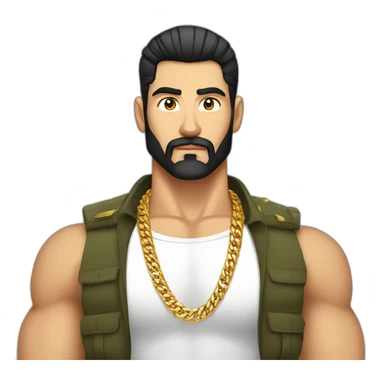 russian strong man thug wearing gold chain with black hair and a short beardand military hairstyle sticker