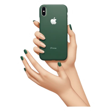 female hand with nude manicure (5 fingers) holding a white iPhone in a dark green case, minimalism, side view, emoji style sticker
