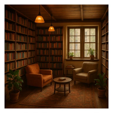 a cozy bookstore interior with shelves full of books, warm lighting, inviting atmosphere sticker