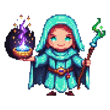 pixel art character casting a magic spell with glowing effects sticker
