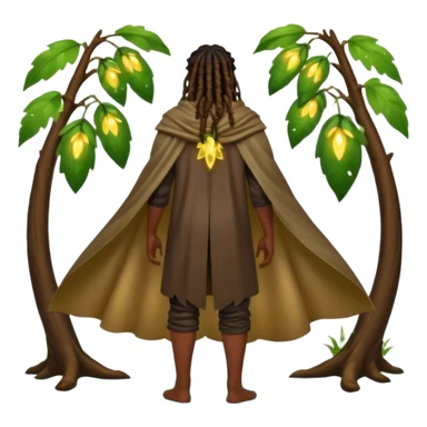 full body woodland character, dark skin man with dreadlocks, from behind, open back leaf cloak, wet skin shine, fireflies around sticker