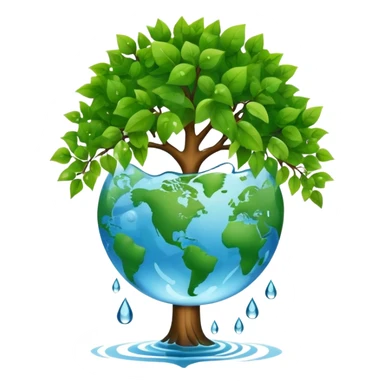 An icon featuring a tree, a recycling symbol, and a globe, representing ecology. The design includes green leaves, a water droplet, and wildlife, symbolizing the study of ecosystems, sustainability, and environmental protection. Transparent background. sticker