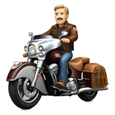 Middle age man wearing leather jacket and leather chaps riding a Indian motorcycle roadmaster  sticker