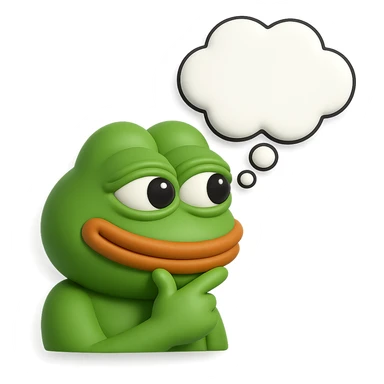 make a pepe in bright green smiling with thought bubble looking at right side in 3d style, good highlights and shadows, drop shadows sticker