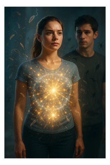 A hyper-realistic, cinematic image showing a young woman with a glowing, radiant aura symbolizing a very strong immune system. She stands confidently, surrounded by a dynamic shield of light particles and molecular energy swirling around her body, especially focused around her abdomen and chest. Against this luminous barrier, faint translucent representations of parasites—small worm-like and protozoan shapes—attempt to approach her but are visibly repelled or disintegrating upon contact with the shield. Nearby, a young man representing her boyfriend is shown with subtle, shadowy parasite silhouettes near him, some reaching toward her but unable to penetrate her immune defenses. The background is softly blurred to keep the focus on the energetic battle at the forefront, with cool blues and warm golds contrasting to symbolize health, vitality, and defense. The lighting is dramatic yet hopeful, with a cinematic 35mm film style emphasizing sharp detail on her determined face and the swirling protective energy. The overall tone conveys resilience, protection, and the unseen battle inside the body. sticker