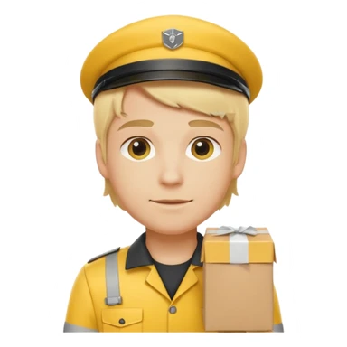 german delivery guy with yellow uniform and package with no hat sticker