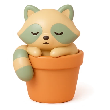 sleepy raccoon inside a flower pot, pastel earthy colors, vinyl figure style sticker