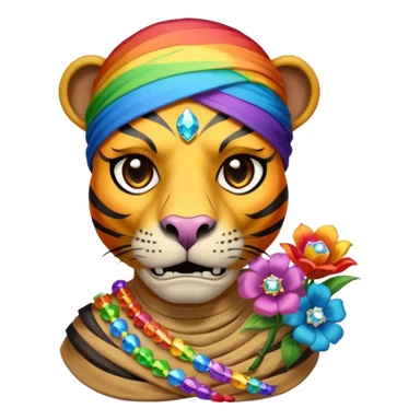 a mummy who is also a pirate make his skull a half flower rainbow diamond part hippo part tiger who is blue and gold whos head is on rainbow fire sticker