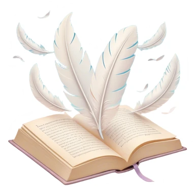 Create a delicate and poetic emoji representing poetry. The design should feature several elegantly flying pages with short poetic columns written on them. The pages should appear light and flowing, almost as if being carried by the wind. Include a white feather gently resting on the pages, symbolizing creativity and inspiration. Use soft, pastel tones to give it a dreamy, artistic feel. The design should feel ethereal and whimsical, capturing the essence of poetry. Make the background transparent. sticker
