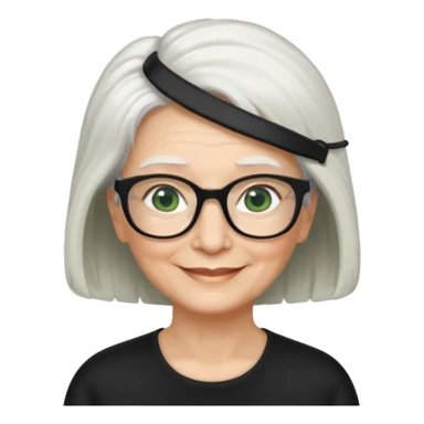 White hair grandma, green eyes, hair to shoulder, lokeg black glasses, rectangles face, smile , sticker