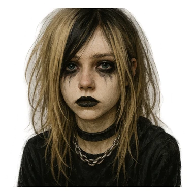 depressives Emo Mädchen, blond, blaue Augen, mit schwarzem Lippenstift, Emo-Stil, detailed, expressive, digital art sticker