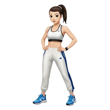 Melanie chisholm with a dark brown high ponytail wearing a sports bra and track pants with sneakers sticker