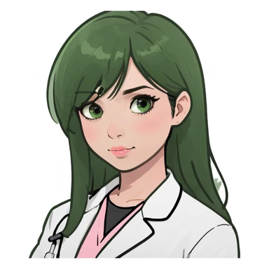 A girl with black straight hairs, black eyes, pink blush and wearing white lab coat sticker