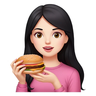 White girl in pink clothes and long black hair eating burger and pizza sticker