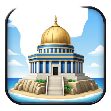 epstein island cubic temple with blue horizontal stipes on the side and a goldon dome on top sticker
