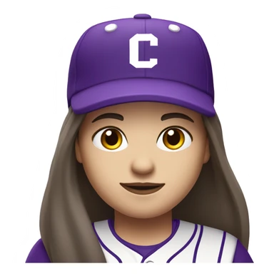 baseball card character. Brunette long straight hair. letter C logo. Purple and white uniform. sticker