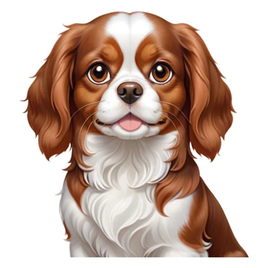 Cinematic Cute Blenheim Cavalier King Charles Spaniel Portrait Emoji, Head tilted playfully and inquisitively, silky Blenheim coat with warm chestnut and crisp white patches, round, sparkling brown eyes filled with curiosity, Simplified yet irresistibly adorable features, highly detailed, glowing with a warm, friendly glow, high shine, affectionate and lively, stylized with a touch of whimsy, bright and endearing, soft glowing outline, capturing the essence of a mischievous yet loving pup, so playful it feels like it could pounce out of the screen and into your arms! sticker