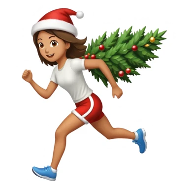 girl running while carrying christmas tree sticker