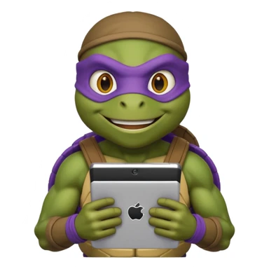 Donatello from Teenage Mutant Ninja Turtles, emoji style, holding a tablet with a hacking screen and smiling sticker
