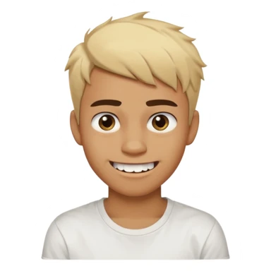 Short buzz, messy blonde hair. Dark brown bushy eyebrows large expressive golden-brown eyes, wearing a plain white t-shirt. Crooked grin showing imperfect teeth, one side raised higher than the other, grin with asymmetrical smile. Male Teenager. Brown skin color.  sticker
