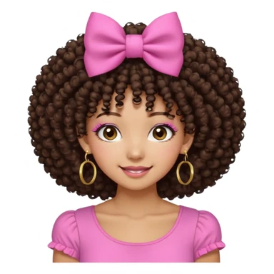 Naturally tan skin girl short darkBrown curly afropink shirt very long lashes hoop gold earrings Brown eyes gyaru smiling closed mouth cute non perfect circular afro. Pink bow hairclip sticker