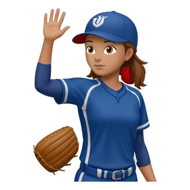 Softball pitcher pitching the ball from side view with brown hair and dark blue jersey and no hat and a face guard sticker