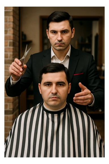 manashu akani yuzlaridan foydalanib sartarosh chizib bergin u soch olishga tayyor turganini chizib ber old rakursda bulsin mijoz tugriga qarab utirganini va sartarosh uni orqasida turib bitta ulida qaychi, ikkta quli bilan tayyorgarlik kurib turganini chizib ber xuddi 1,2,3 boshladik degandey birdaniga ishga kirishib ketadigan dek tayyor bulib tursin sticker