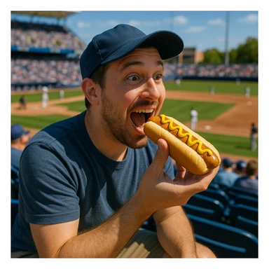 man eating a hot dog at a baseball game sticker