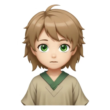 Young Rudeus Greyrat chibi, big green eyes, round face, messy light brown hair, wearing a tunic, cute and curious anime style sticker