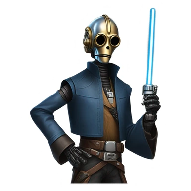 jedi first order human-sized darkblue-pearl friendly bounty hunter c3po droid wearing a leather wild west duster coat holding light saber ready to fight but relaxed. antique sticker