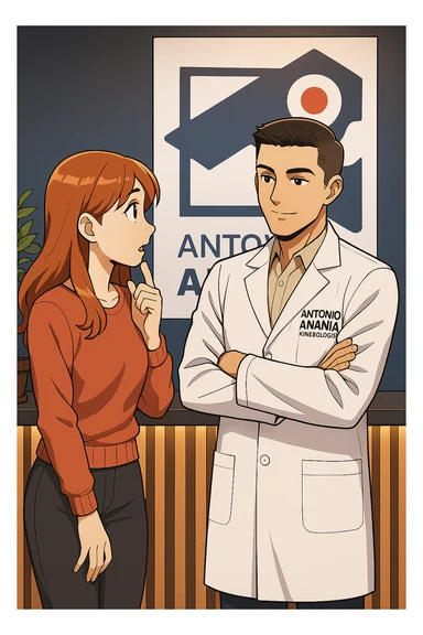 su questo stile fai un manga/webtoon a colori in cui una donna SI TOCCA IL MENTO MENTRE FA UNA DOMANDA ALL'UOMO, l'uomo della foto in stile manga LE SPIEGA CHE DEVE PROVARE LA SUA VALUTAZIONE MEDICA, mantieni un ambiente simile alla foto che ho allegato con il suo logo (sarebbe il suo studio, lui è un kinesiologo), scrivigli "ANTONIO ANANIA" sul camice bianco, non mettere fumetti, ma fai in modo che sembri che la donna CHIEDA E  l'uomo RISPONDA sticker