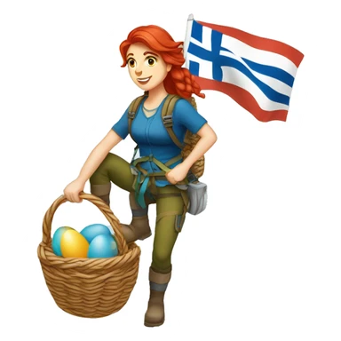 Female mountaineer red hair climbing with Easter eggsbasket and Greek flag sticker