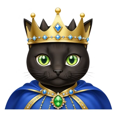 black cat with brilliant neon green eyes wearing a royal blue cape trimmed in gold and a crown with jewels sticker