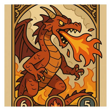 epic collectible card featuring a fire-breathing dragon with visible health, fire, and armor stats, intricate details, ornate card border, dramatic pose, vibrant colors, fantasy illustration style sticker