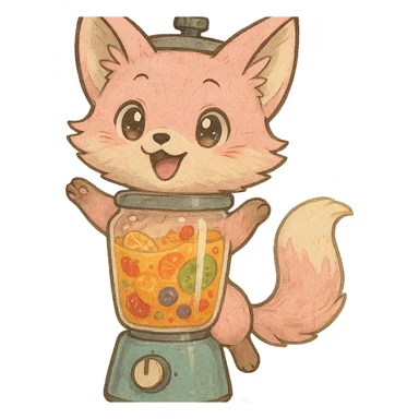 detailed Ghibli-inspired chibi fox with pastel pink fur transformed into a blender, transparent body filled with luscious multi-fruit smoothie, expressive sparkling eyes, joyful pose, full-body sticker