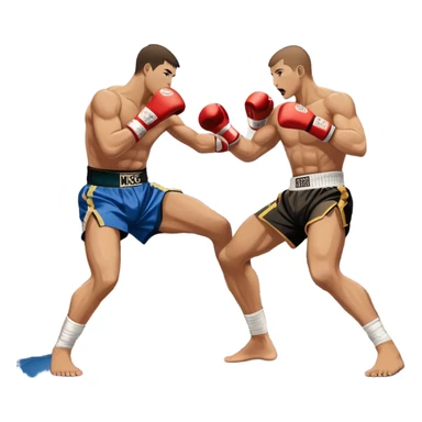 An icon symbolizing kickboxing, featuring two fighters in the midst of an intense match. One throws a powerful roundhouse kick, while the other counters with a punch. The background shows a ring, with ropes and a cheering crowd. Transparent background highlights the action and strength sticker