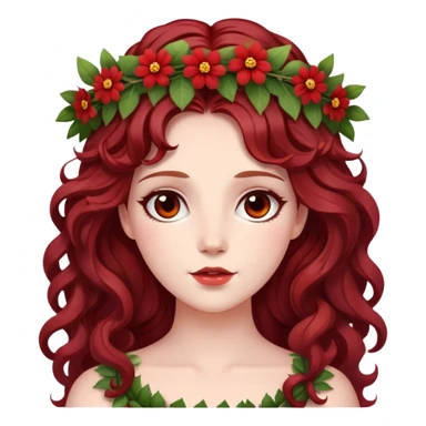 In Greek mythology, Persephone is often depicted as a young goddess with fair skin and dark red, wavy hair. She is typically shown wearing a wreath of flowers sticker