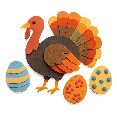 wild turkey in paper craft style, layered paper details, colorful feathers, fanned tail, surrounded by decorated Easter eggs sticker