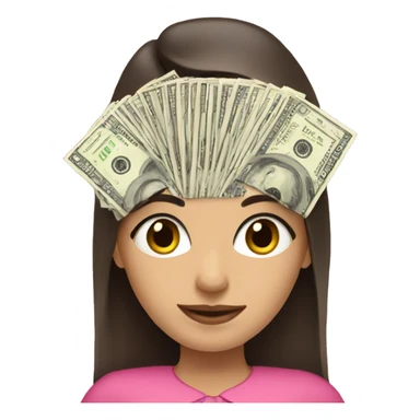 brunette girl with long hair in a pink dress holds paper dollars in her hands sticker