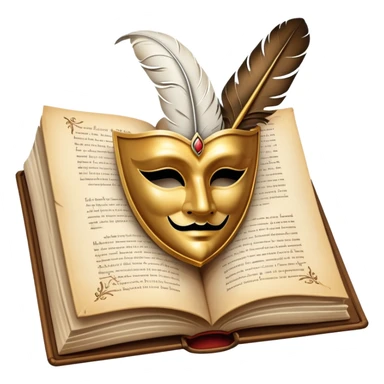 An icon featuring an open book with flowing pages, a feather quill, and classic literary symbols like a theater mask and inkwell. The design includes a subtle parchment background with faint text lines, symbolizing the study of literature. Transparent background emphasizes creativity and analysis. sticker