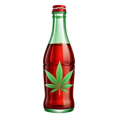 Classic Coca-Cola shaped glass bottle with curved contours, red color, with a cannabis leaf sticker
