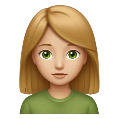 apple style emoji of a girl with light brown (русые) hair, 1A-1B straight hair texture, green and greyish eyes sticker